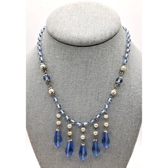 unbranded Jewelry - Vintage Blue Czech Glass Necklace Faux Pearl Silver Tone Bib With Teardrop Beads
